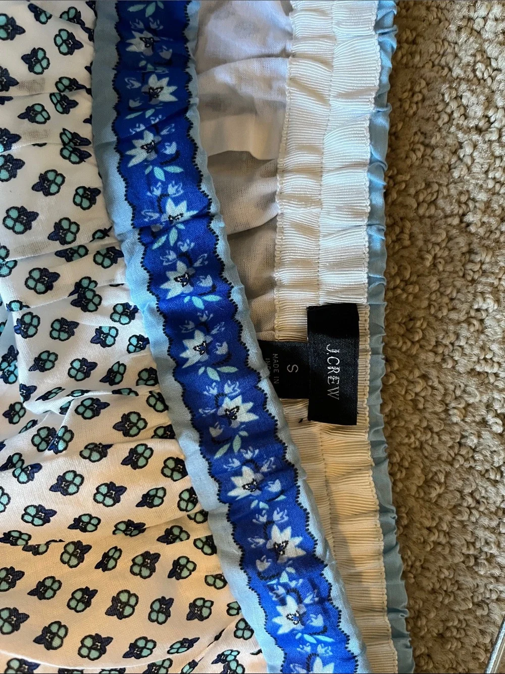 J. Crew White Midi Skirt with Navy and Cobalt Blue Prints